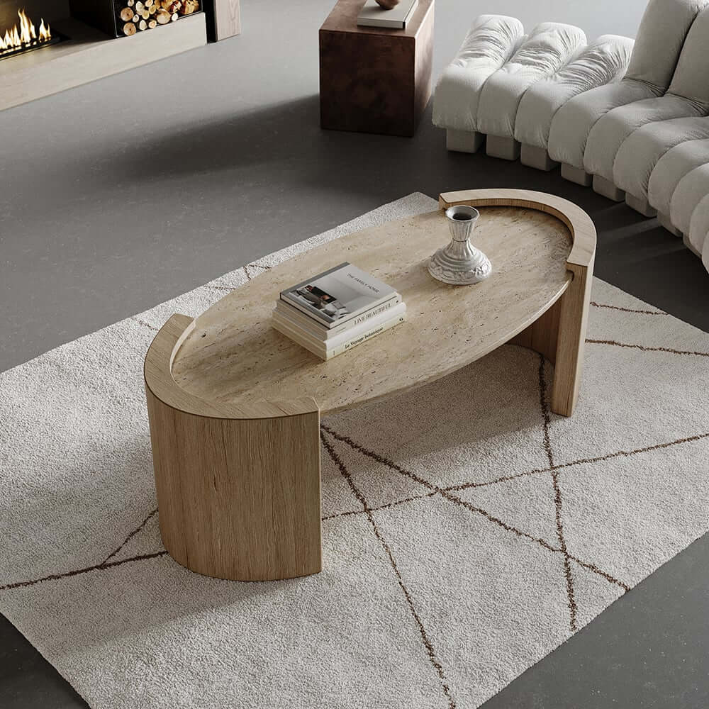 Oval Beige Travertine Coffee Table With Double Pedestal Base Main Product Image