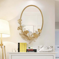 Oval Gold Accent Mirror with Sculpted Ginkgo Leaf Frame
