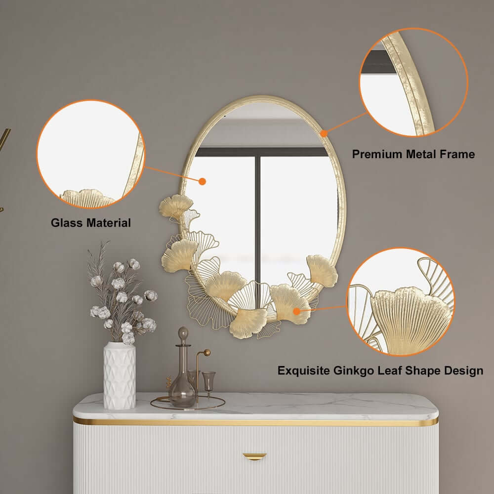 Oval Gold Accent Mirror with Sculpted Ginkgo Leaf Frame