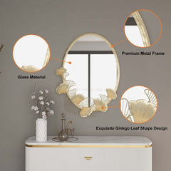 Oval Gold Accent Mirror with Sculpted Ginkgo Leaf Frame