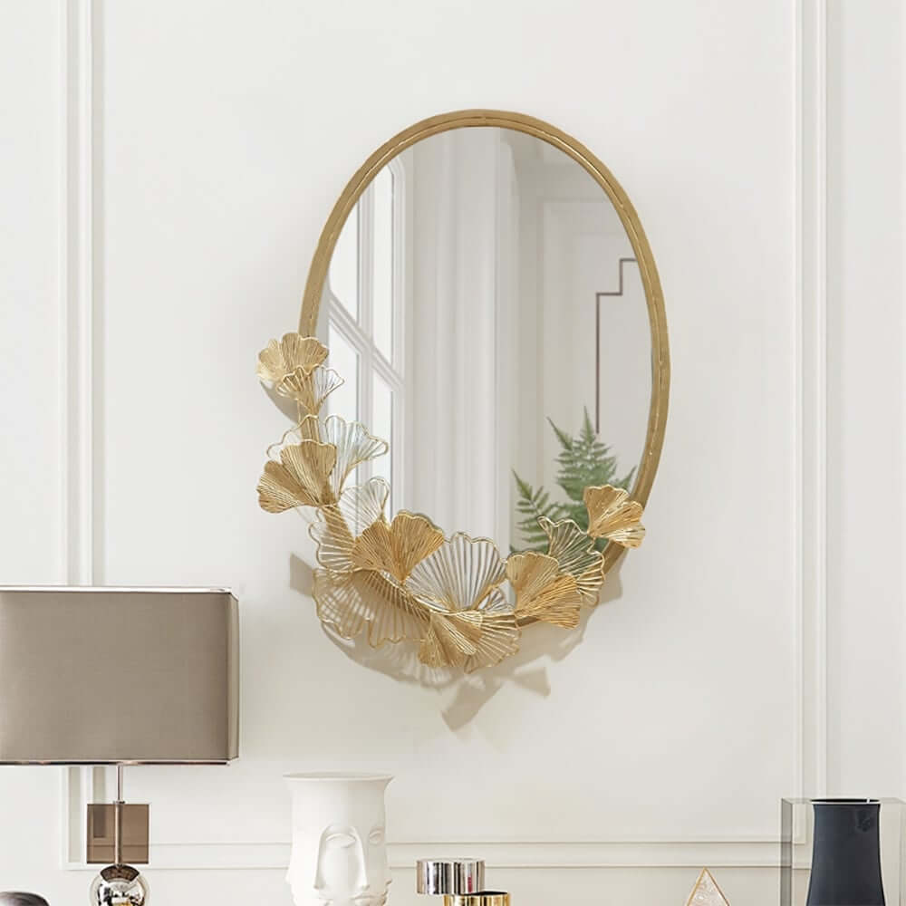 Oval Gold Accent Mirror with Sculpted Ginkgo Leaf Frame Main Product Image