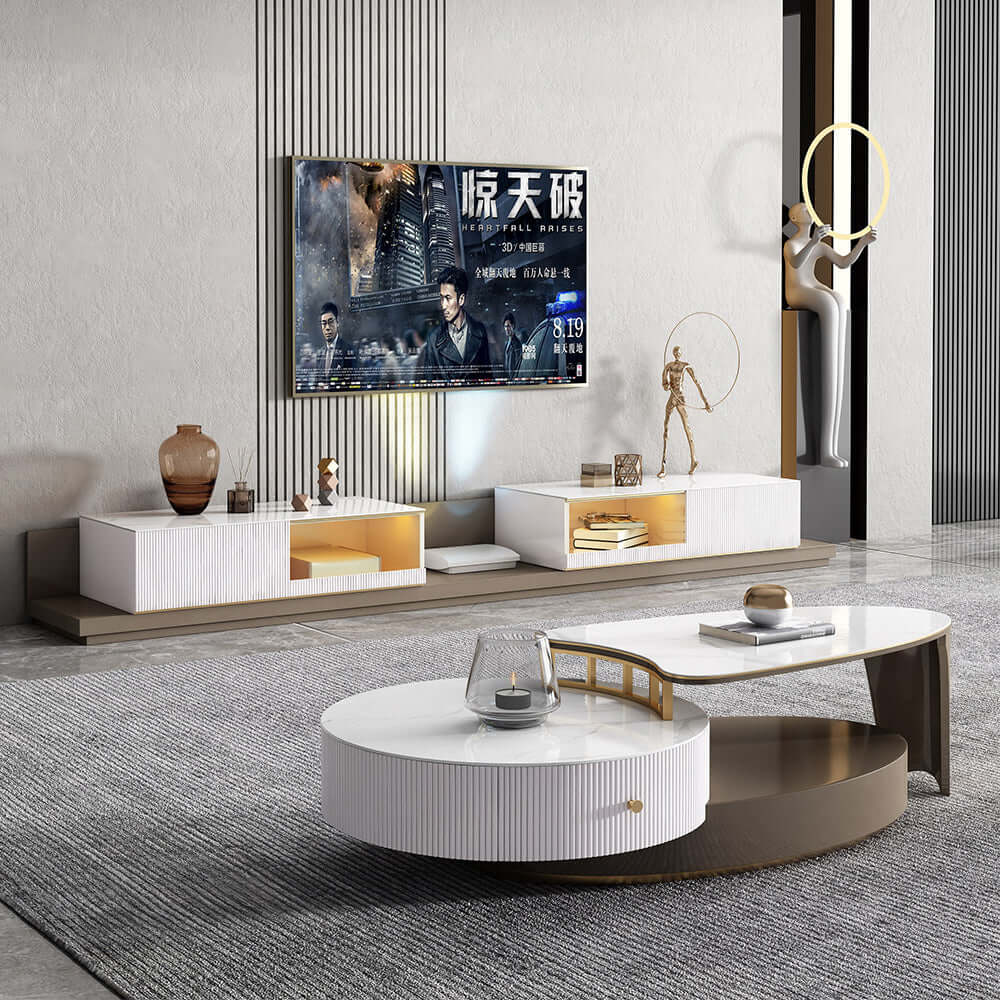 Oval Sintered Stone Coffee Table with Telescopic Design and Two Drawers