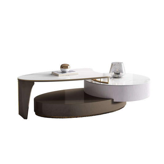Oval Sintered Stone Coffee Table with Telescopic Design and Two Drawers
