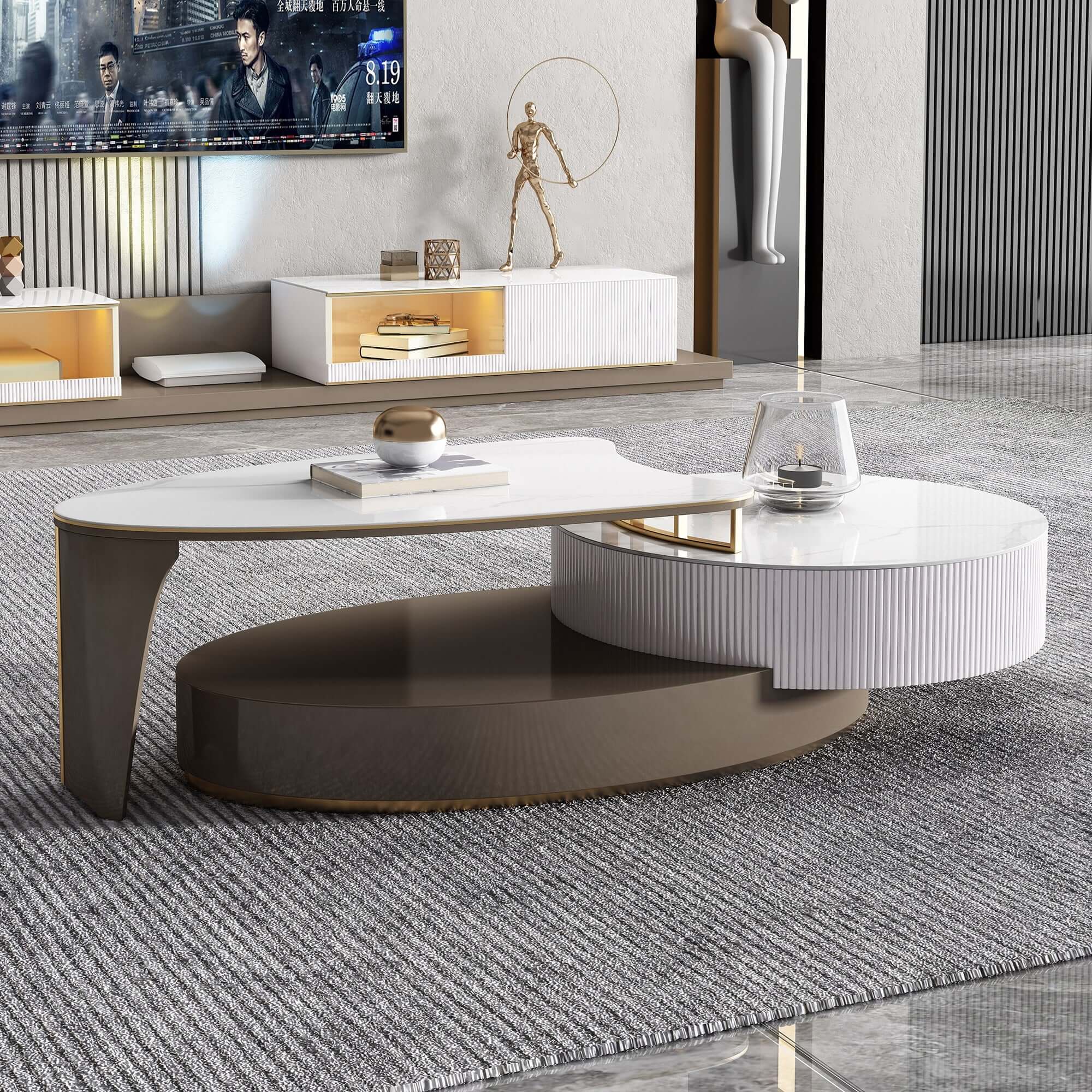 Oval Sintered Stone Coffee Table with Telescopic Design and Two Drawers Main Product Image