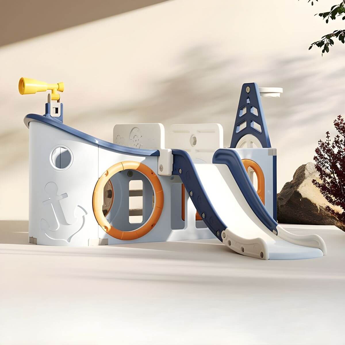 Pirate Ship Play Center with Slide, Telescope & Basketball Hoop