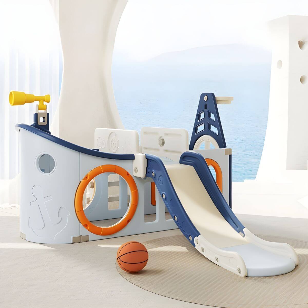 Pirate Ship Play Center with Slide, Telescope, and Basketball Hoop