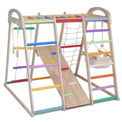 Rainbow-Hued Solid Wood Climber with Slide & Swing for Ages 5–8