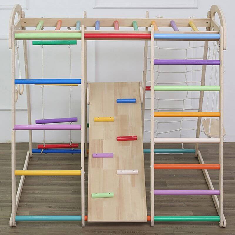 Rainbow-Hued Solid Wood Climber with Slide & Swing for Ages 5–8
