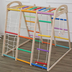 Rainbow-Hued Solid Wood Climber with Slide & Swing for Ages 5–8