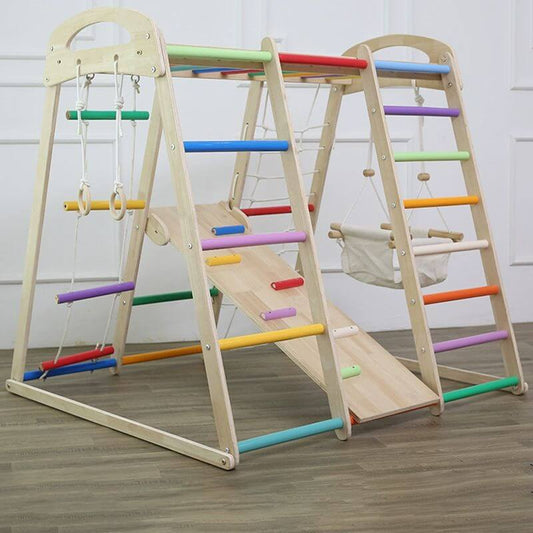 Rainbow-Hued Solid Wood Climber with Slide & Swing for Ages 5–8