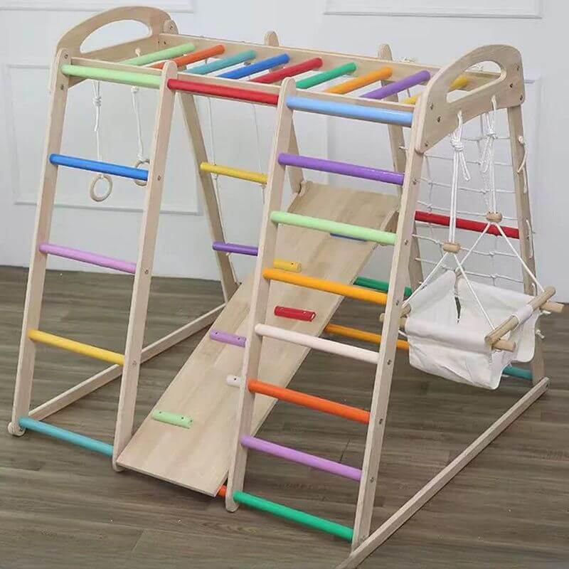 Rainbow-Hued Solid Wood Climber with Slide & Swing for Ages 5–8