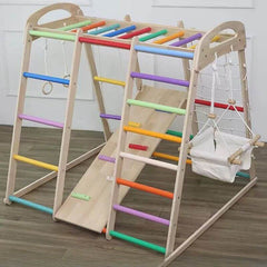 Rainbow-Hued Solid Wood Climber with Slide & Swing for Ages 5–8