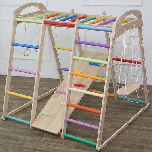 Rainbow-Hued Solid Wood Climber with Slide & Swing for Ages 5–8 Main Product Image