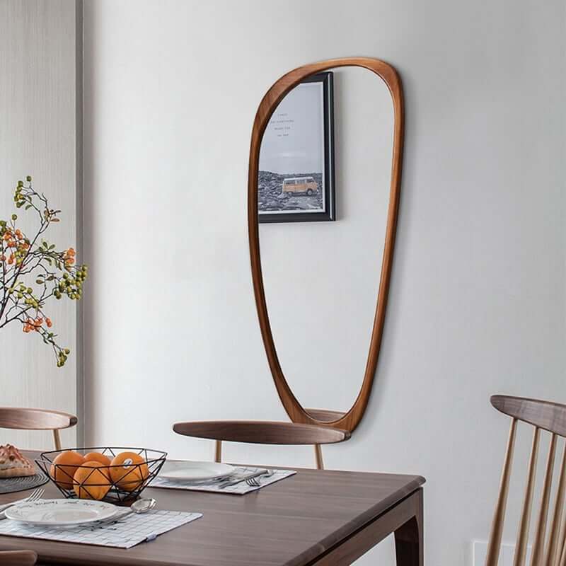Retro Walnut Wood Full Length Wall Mirror with Irregular Shape