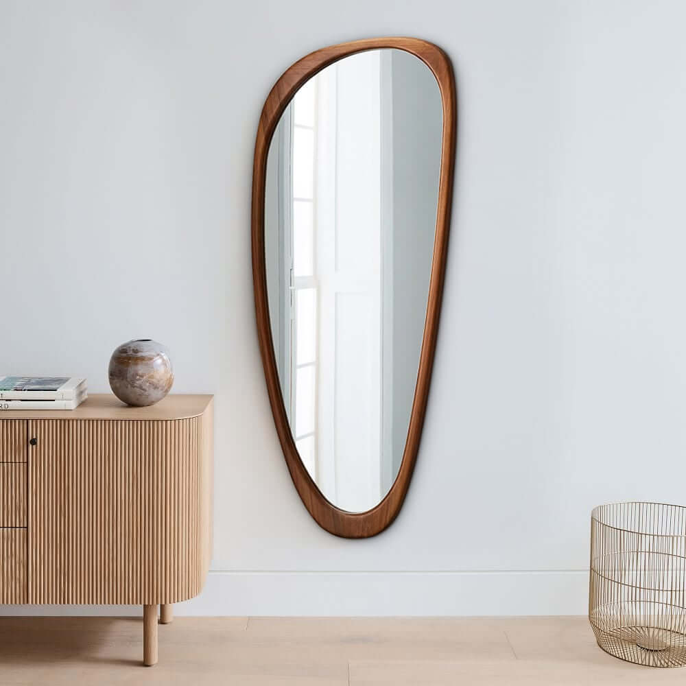 Retro Walnut Wood Full Length Wall Mirror with Irregular Shape Main Product Image