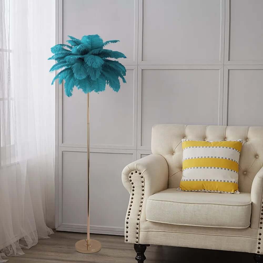 Rose Gold & Green Art Deco Feather Floor Lamp with Shelf