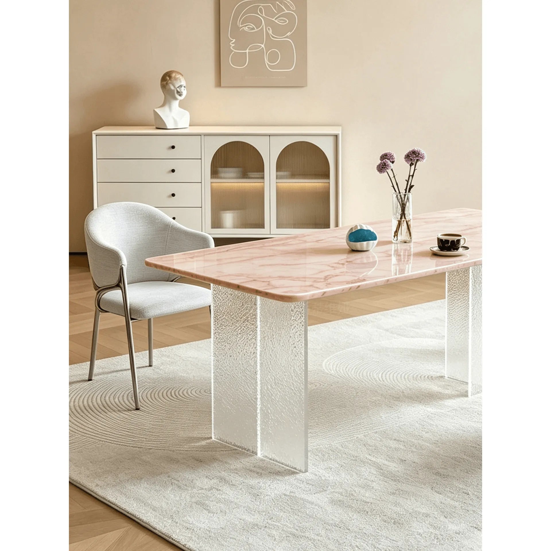 Rose Veined Marble Table with Acrylic Pedestal for Airy Dining