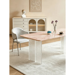 Rose Veined Marble Table with Acrylic Pedestal for Airy Dining