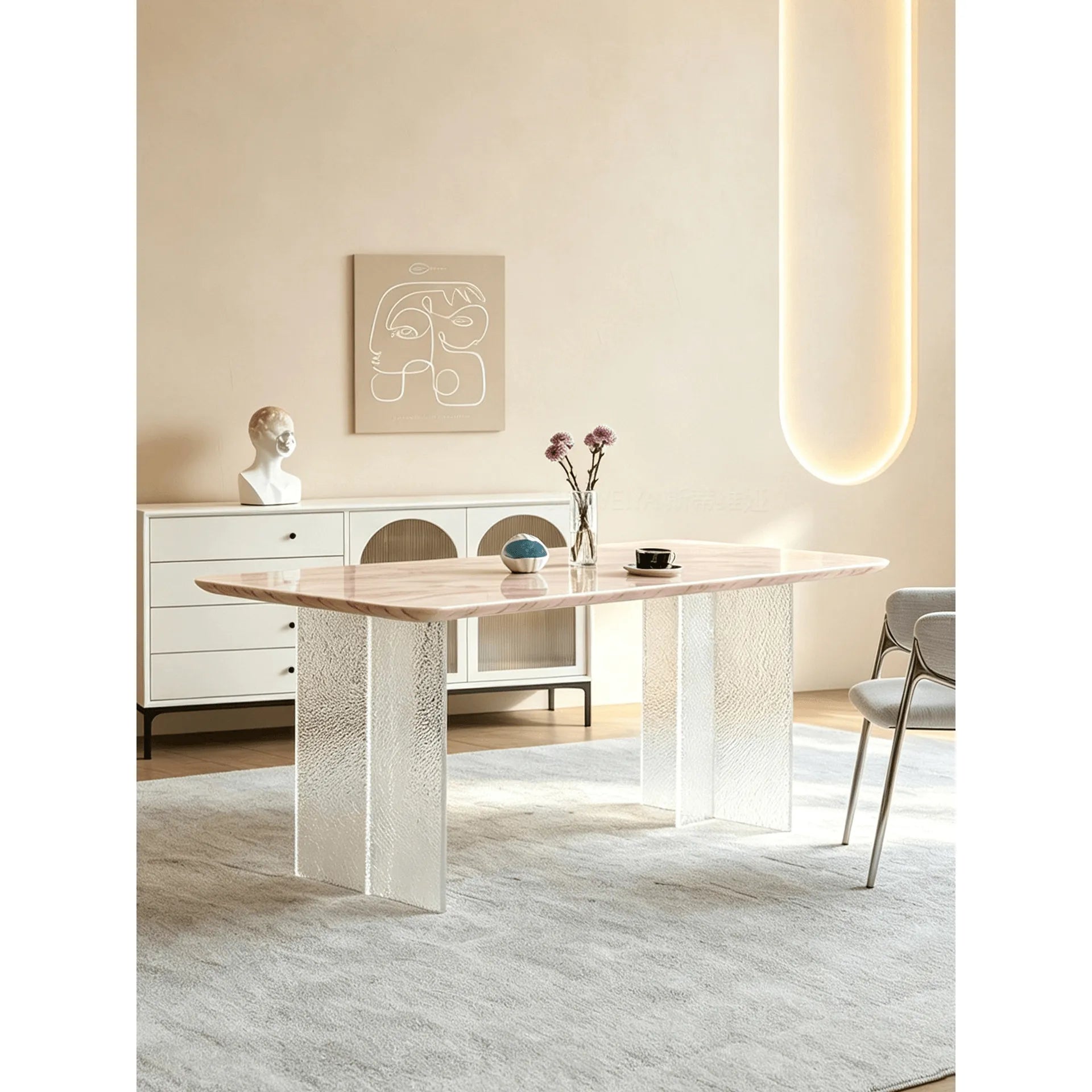 Rose Veined Marble Table with Acrylic Pedestal for Airy Dining