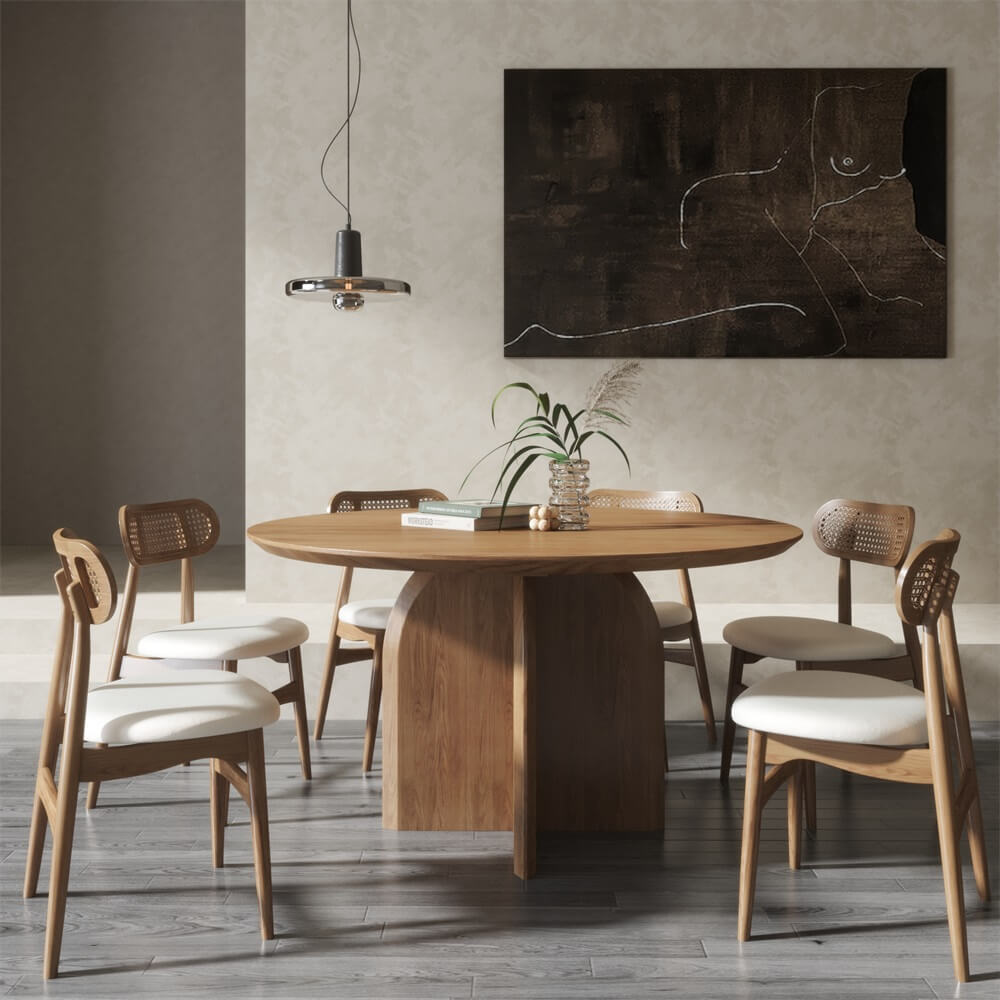 Round Pine Wood Dining Table - Japandi Aesthetic, Seats 8