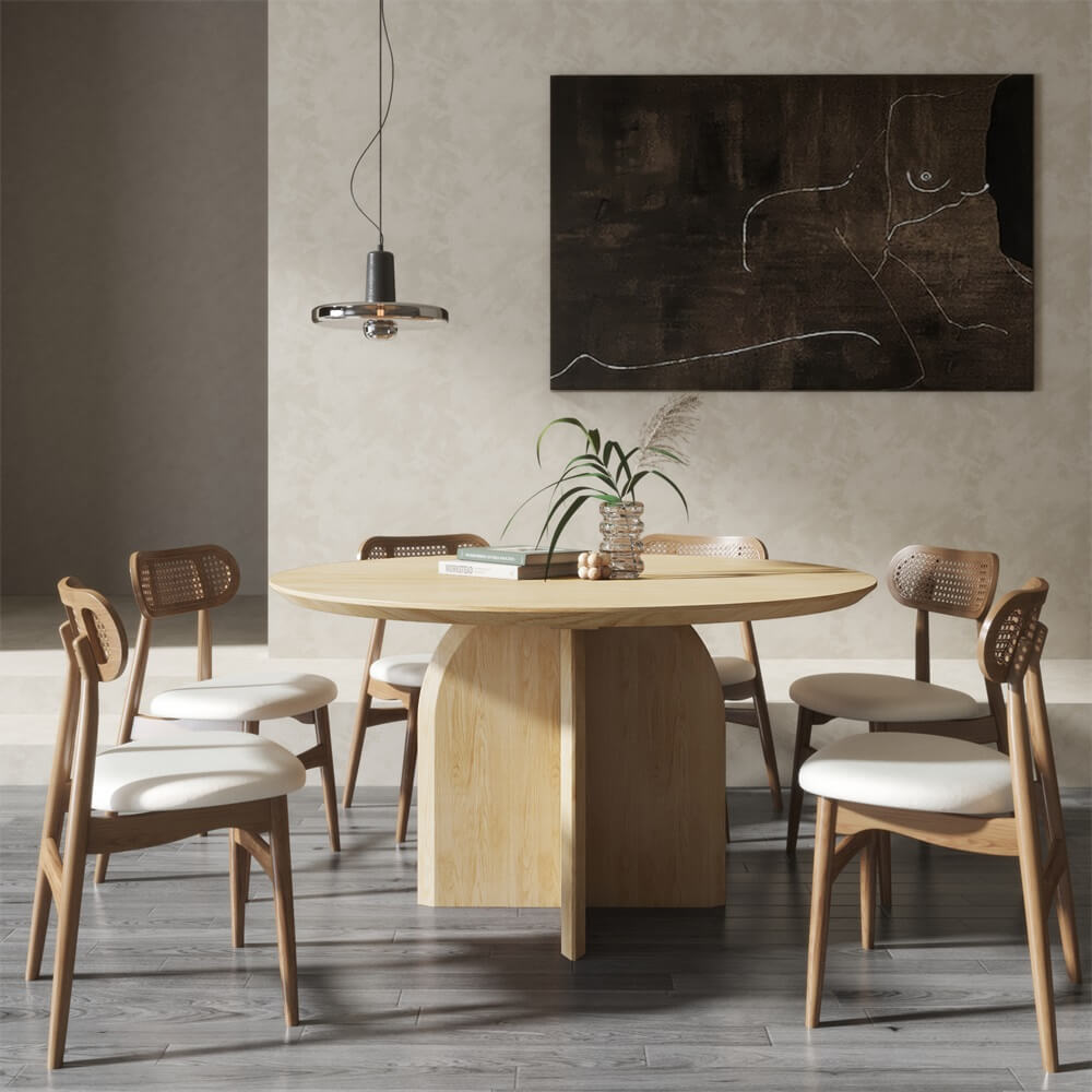 Round Pine Wood Dining Table - Japandi Aesthetic, Seats 8