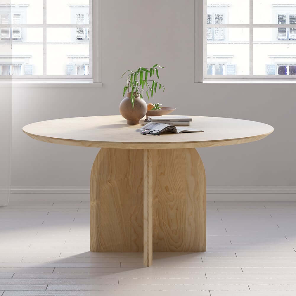 Round Pine Wood Dining Table - Japandi Aesthetic, Seats 8 Main Product Image
