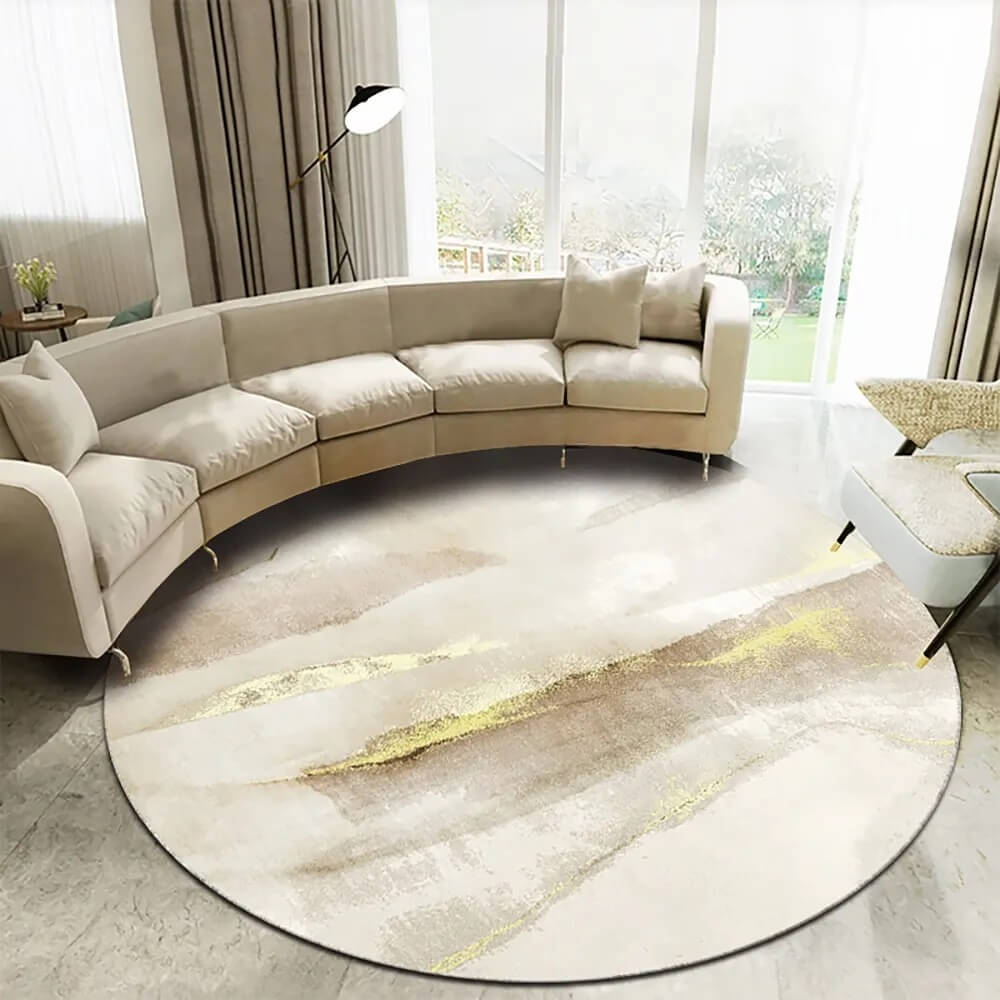 Round Polyester Velvet Area Rug with Abstract Gray and Gold Design
