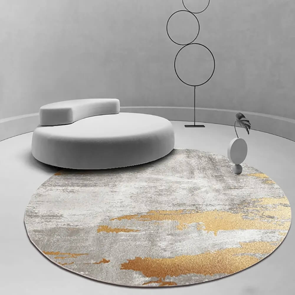 Round Polyester Velvet Area Rug with Abstract Gray and Gold Design