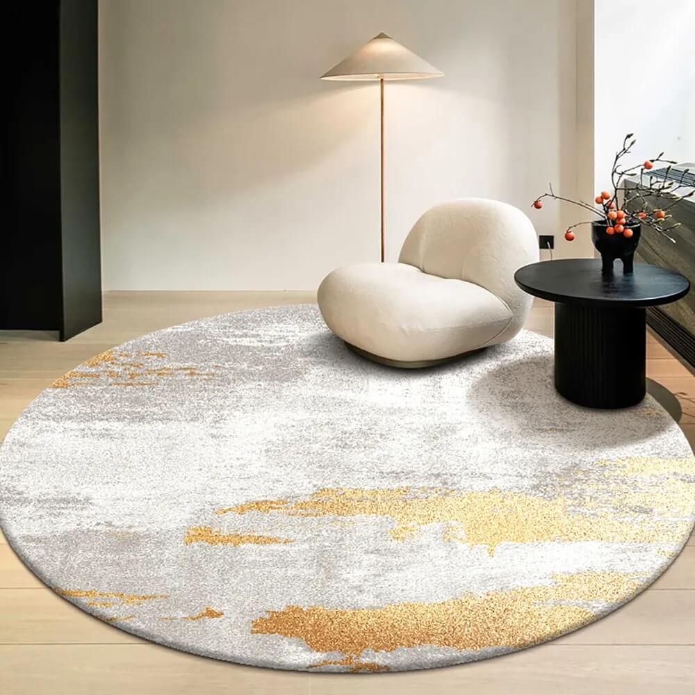 Round Polyester Velvet Area Rug with Abstract Gray and Gold Design Main Product Image
