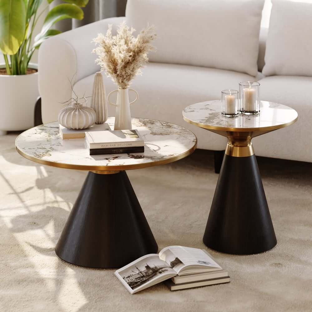 Round Sintered Stone Coffee Table Set - Walnut Finish
