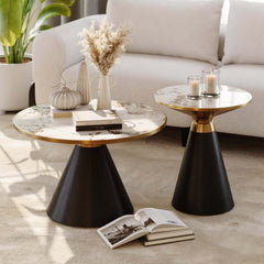Round Sintered Stone Coffee Table Set - Walnut Finish