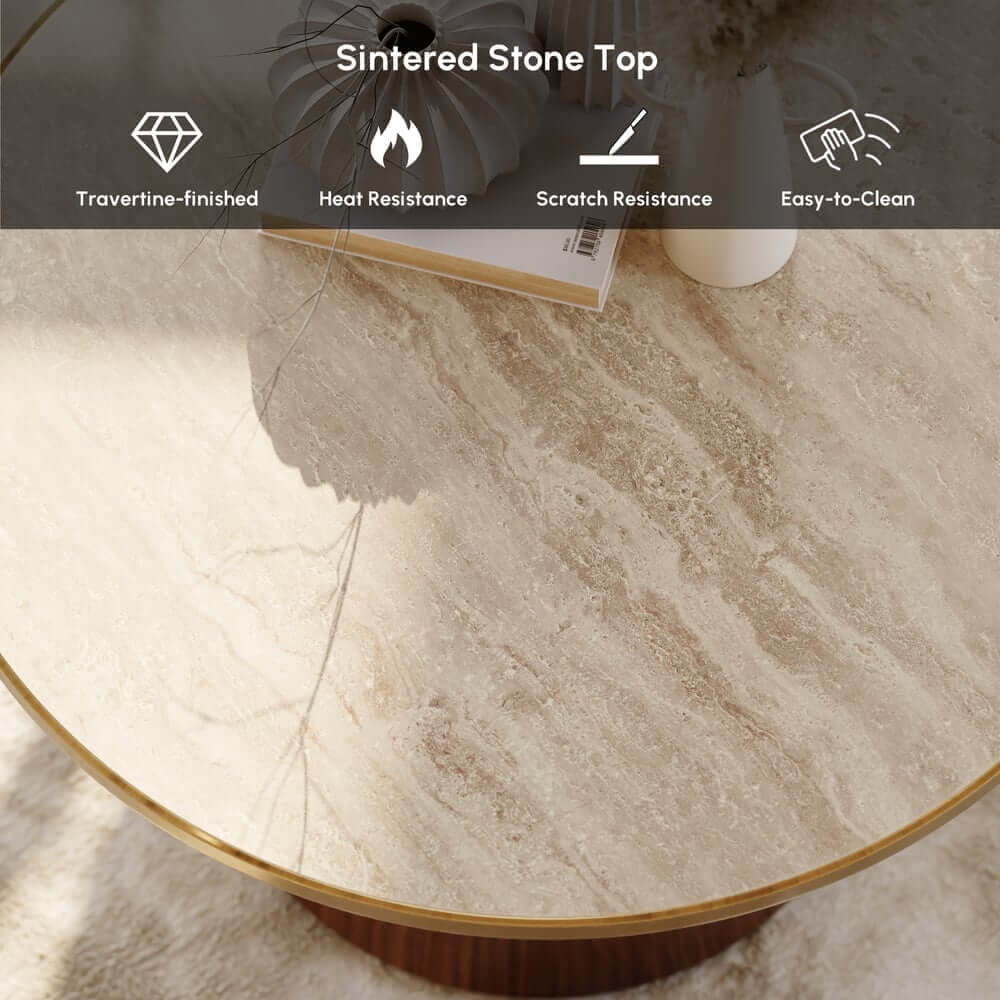 Round Sintered Stone Coffee Table Set - Walnut Finish