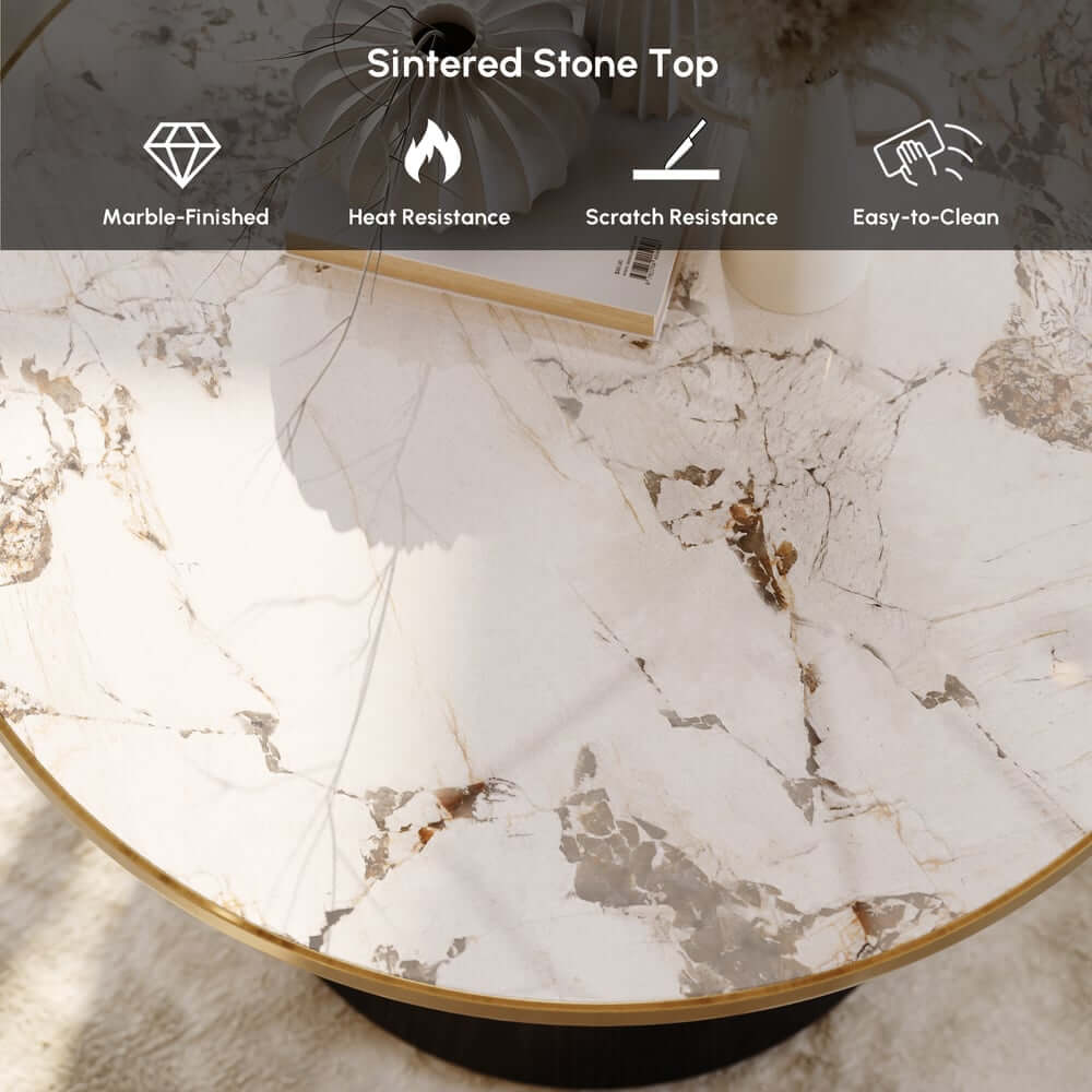 Round Sintered Stone Coffee Table Set - Walnut Finish