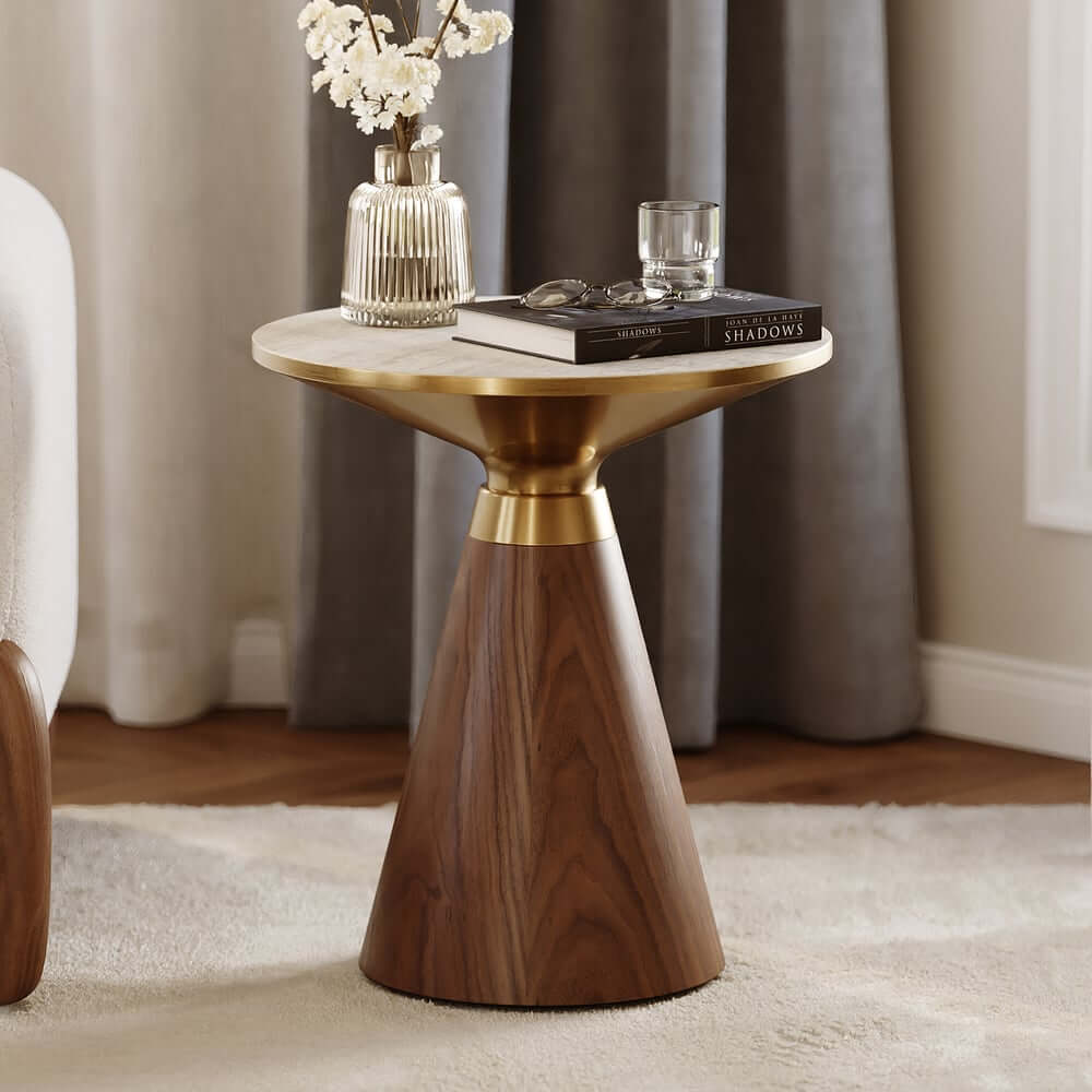 Round Sintered Stone Coffee Table Set - Walnut Finish