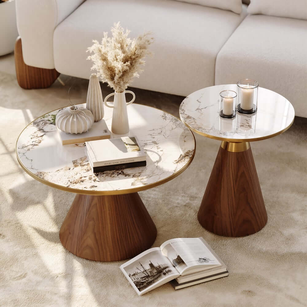 Round Sintered Stone Coffee Table Set - Walnut Finish
