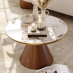 Round Sintered Stone Coffee Table Set - Walnut Finish