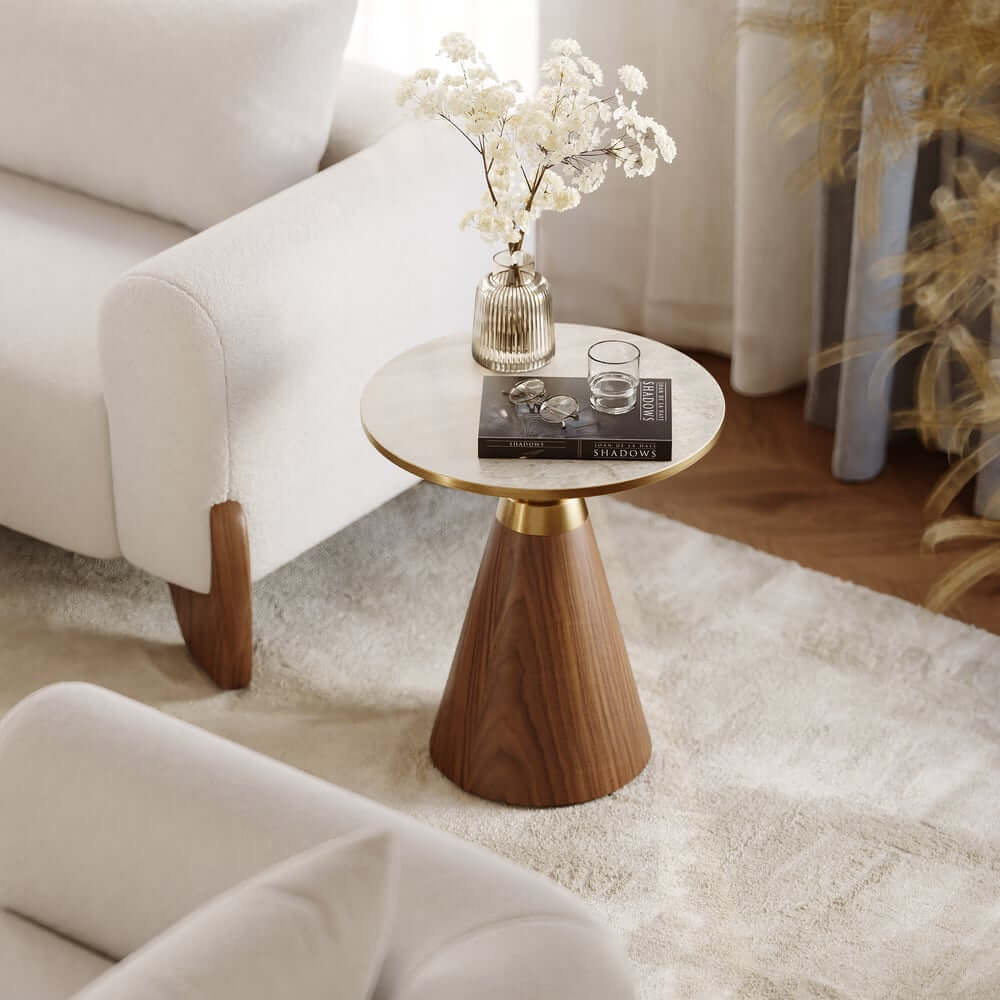 Round Sintered Stone Coffee Table Set - Walnut Finish