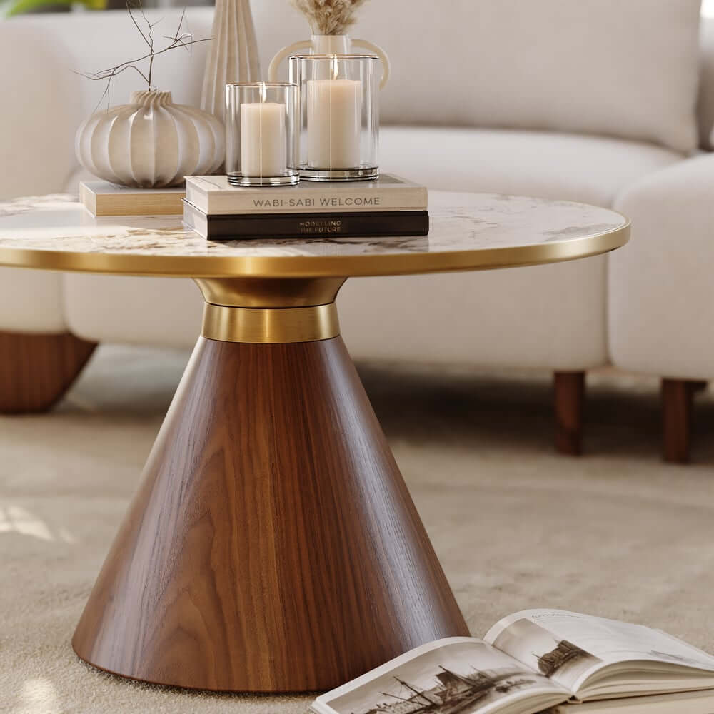 Round Sintered Stone Coffee Table Set - Walnut Finish