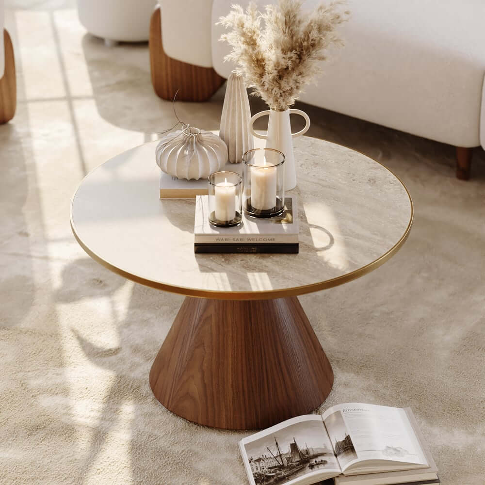 Round Sintered Stone Coffee Table Set - Walnut Finish
