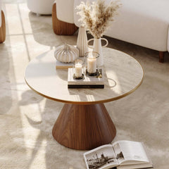 Round Sintered Stone Coffee Table Set - Walnut Finish
