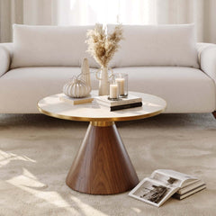 Round Sintered Stone Coffee Table Set - Walnut Finish