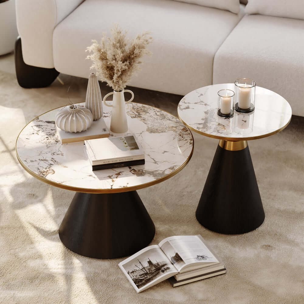 Round Sintered Stone Coffee Table Set - Walnut Finish