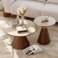 Round Sintered Stone Coffee Table Set - Walnut Finish