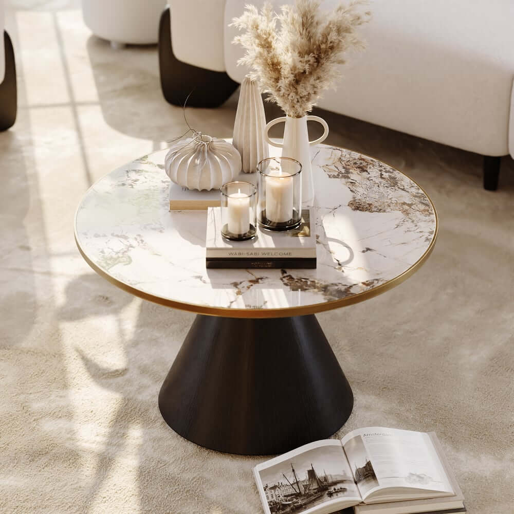 Round Sintered Stone Coffee Table Set - Walnut Finish