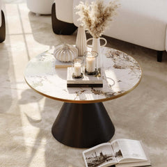 Round Sintered Stone Coffee Table Set - Walnut Finish