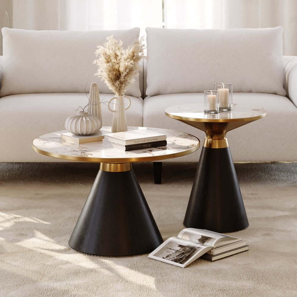 Round Sintered Stone Coffee Table Set - Walnut Finish