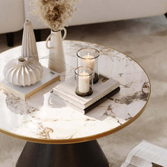 Round Sintered Stone Coffee Table Set - Walnut Finish