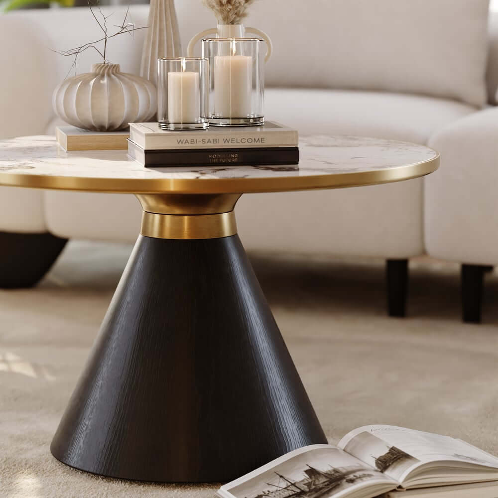 Round Sintered Stone Coffee Table Set - Walnut Finish