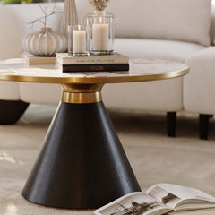 Round Sintered Stone Coffee Table Set - Walnut Finish