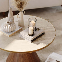Round Sintered Stone Coffee Table Set - Walnut Finish